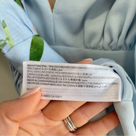 Finders Keepers Calypso Light Blue Fruit Print Puff Sleeve Mini Dress NWT Small - Picture 13 of 13